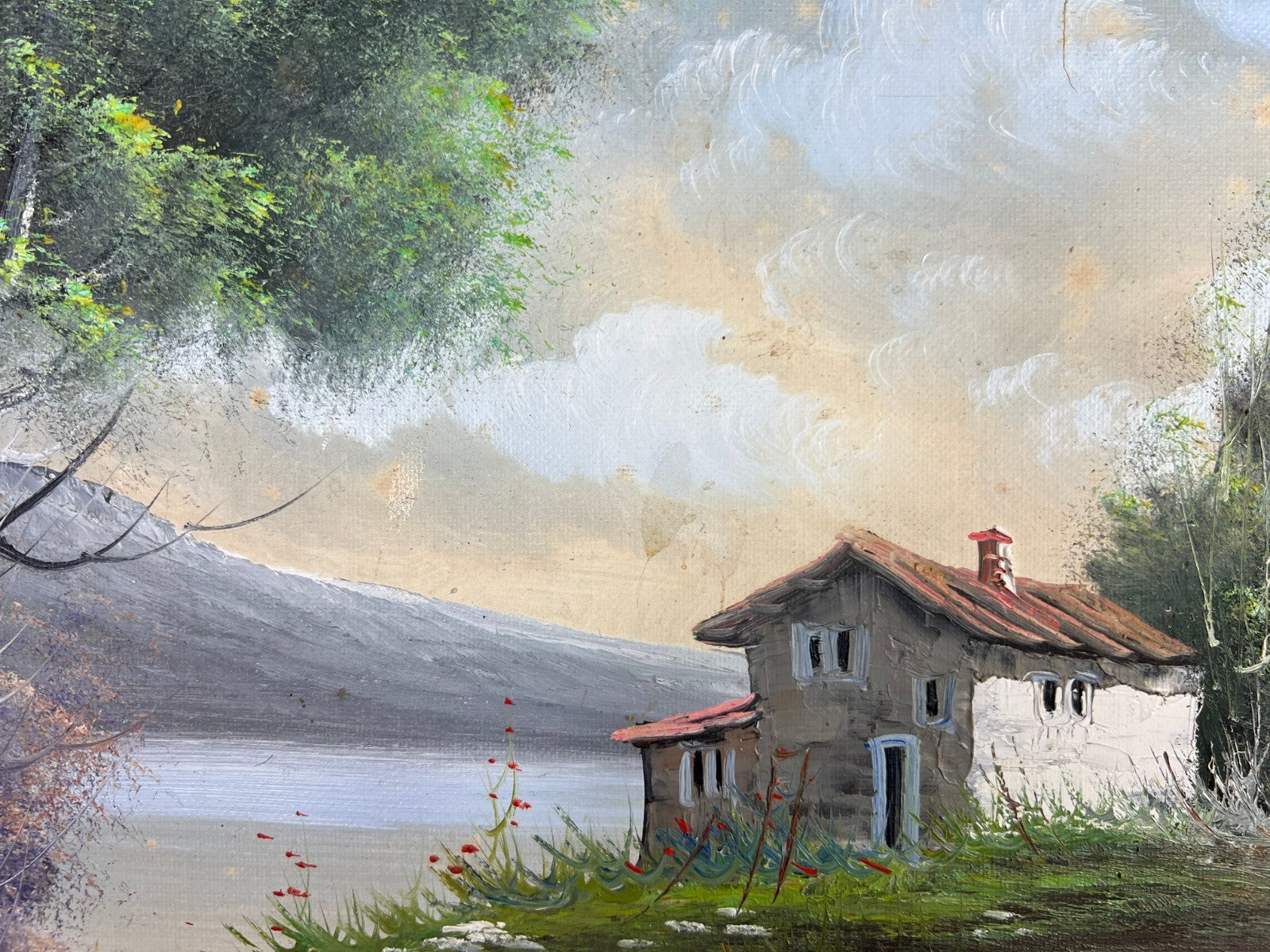 Vintage French Oil Painting Lake Mountain Scene Signed Framed Art LOT 50516