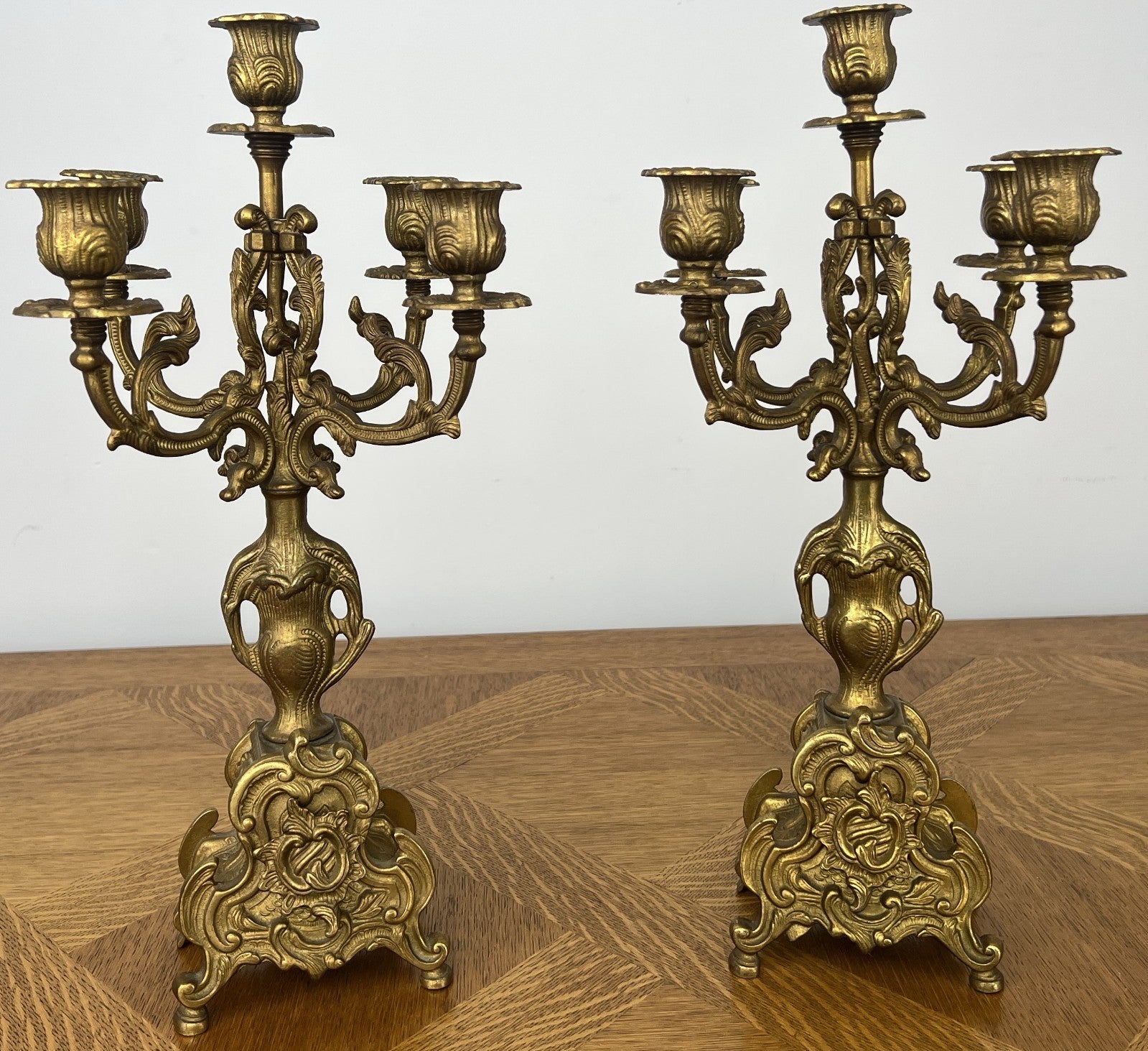 Candelabras Vintage French Brass Pair Ornate 5 Arm Candle Holders LOT 60441