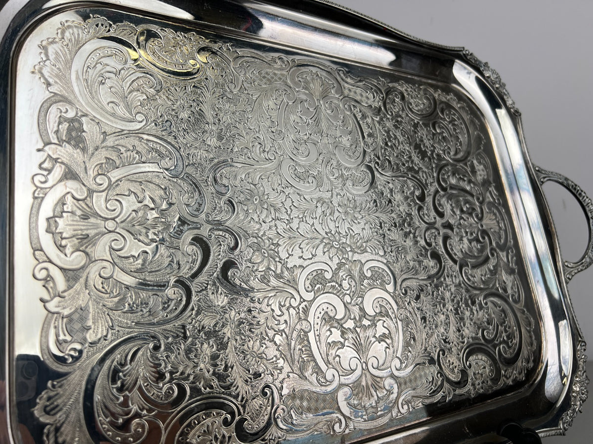 Serving Tray Vintage Metal Ornate Engraved Twin Handle English Tray LOT 6444