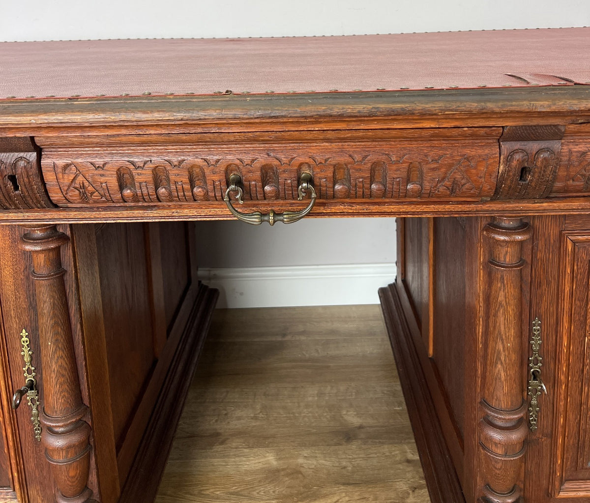 Desk Antique French Style Oak Double Sided Carved Pedestal Desk LOT 6514