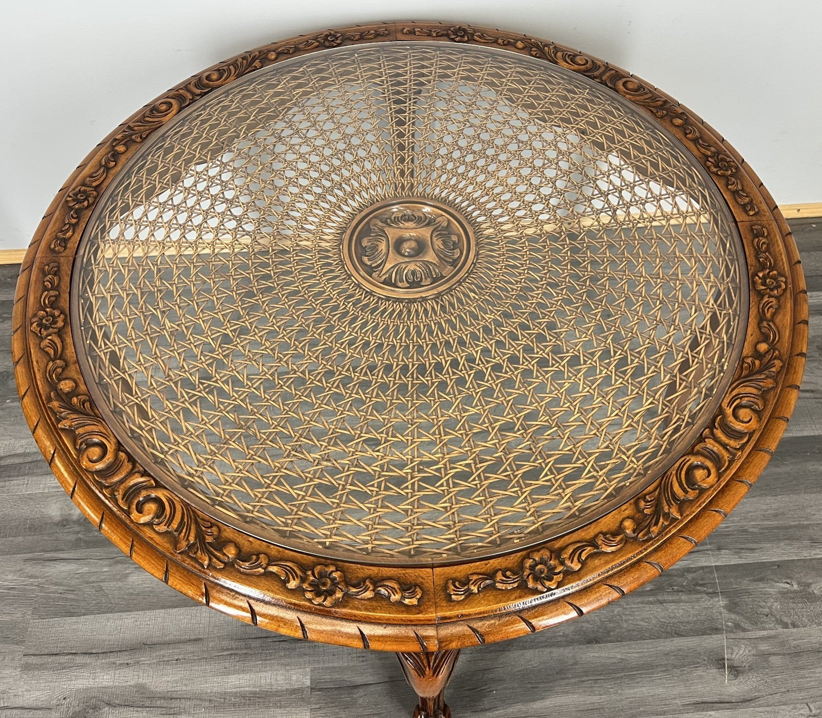 Coffee Table Vintage French Louis XIV Glass Top Ornate Cane Round Table LOT 39413
