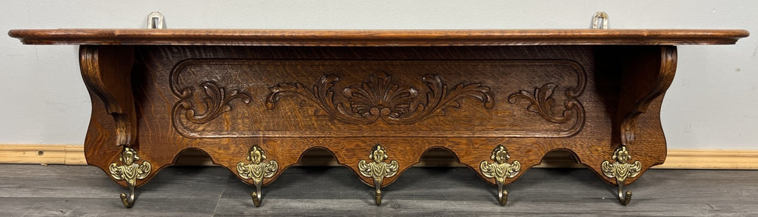 French Vintage Coat Rack Oak 5 Hooks Wall Shelf Carved Coat Hanger LOT 44350