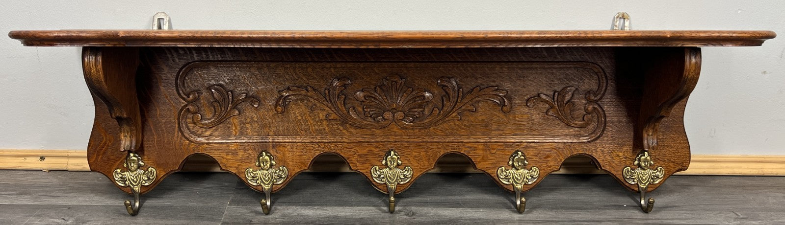 French Vintage Coat Rack Oak 5 Hooks Wall Shelf Carved Coat Hanger LOT 44351