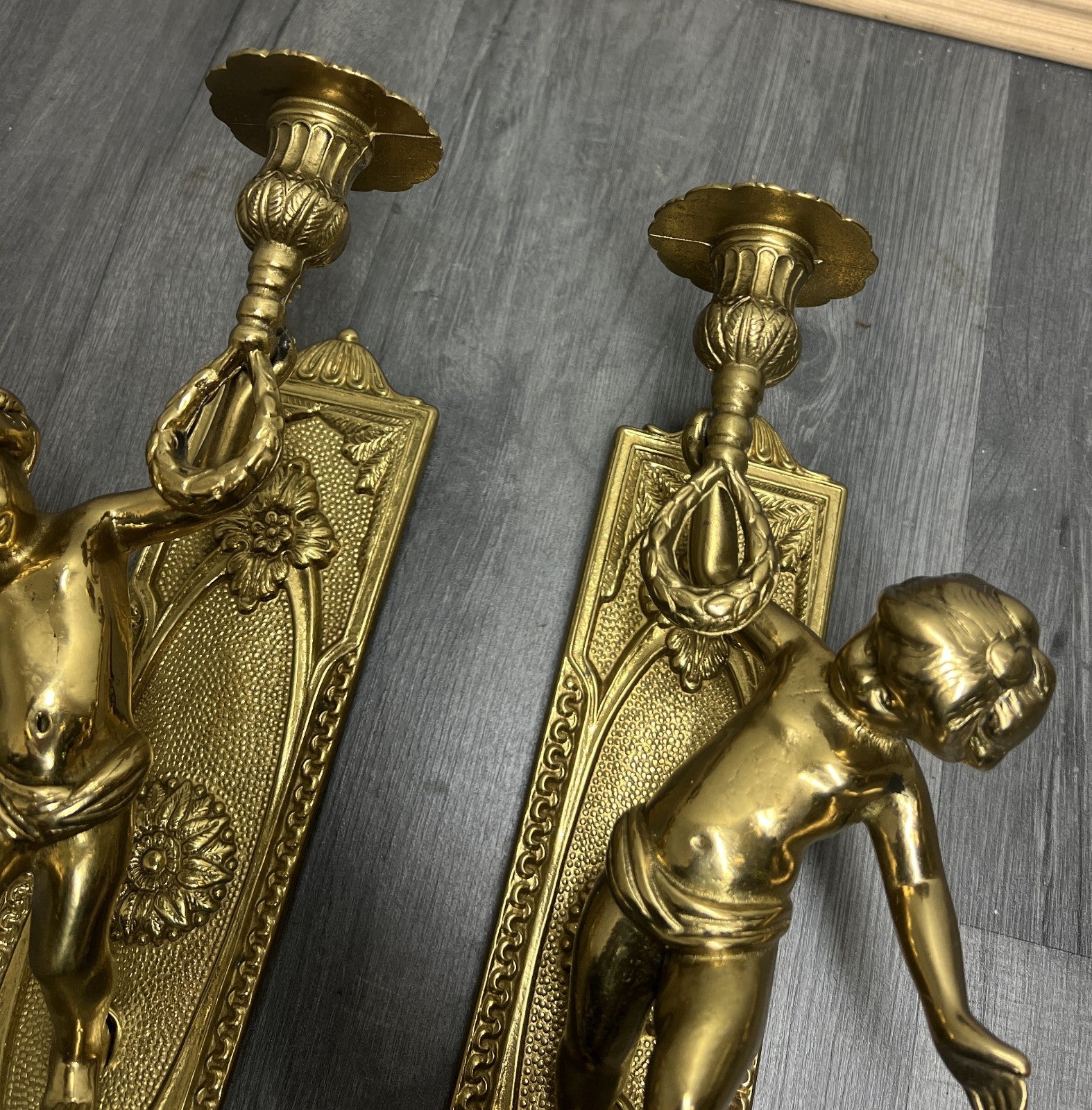 Wall Candle Holder Vintage French Style Sconce Pair Brass Cherub LOT 46653