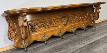 French Vintage Style Coat Rack Oak 6 Hooks Ornate Wall Shelf Coat LOT 46940