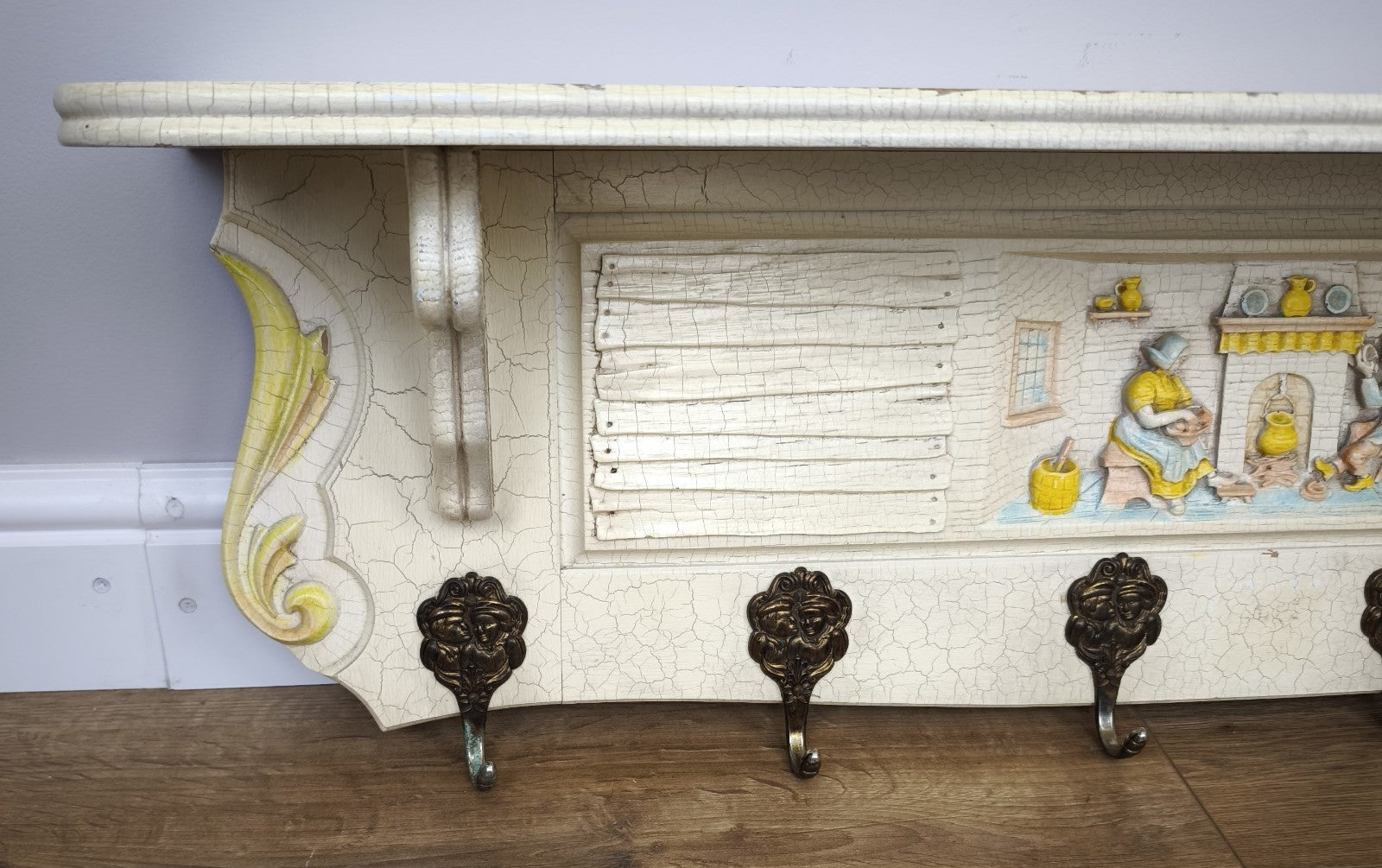Vintage Shabby Chic Coat Rack 6 Hooks Wall Shelf Carved Coat Hanger LOT 49963