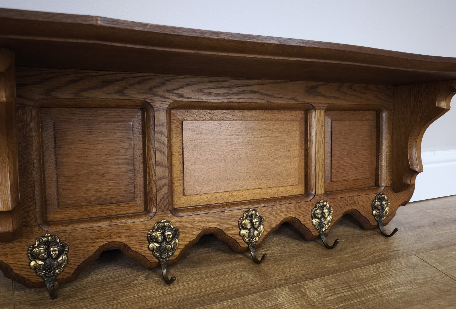French Vintage Coat Rack Oak 5 Hooks Wall Shelf Carved Coat Hanger LOT 49914