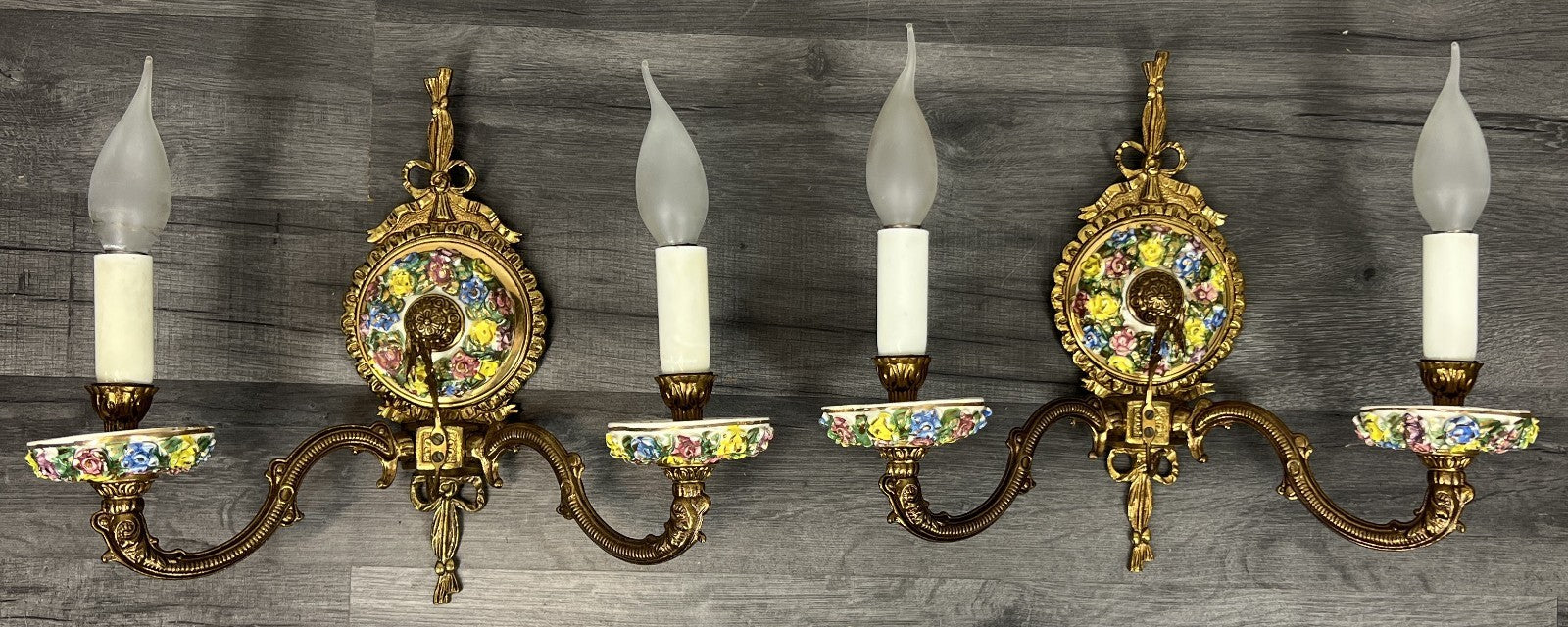 Pair of Wall Lights Vintage Spanish Porcelain Brass Floral Sconces LOT 44140