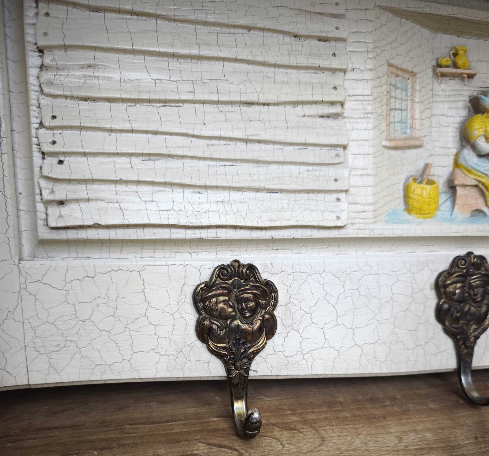 Vintage Shabby Chic Coat Rack 6 Hooks Wall Shelf Carved Coat Hanger LOT 49967
