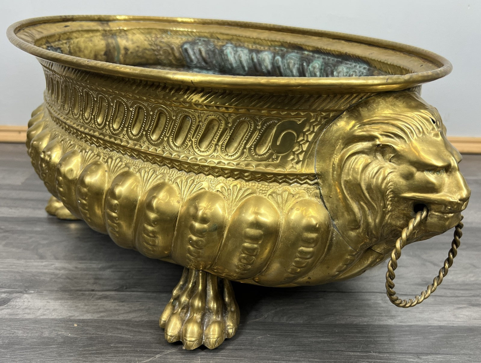 Planter Brass Big Vintage French  Lion Head Jardinière Footed Bowl LOT 42505