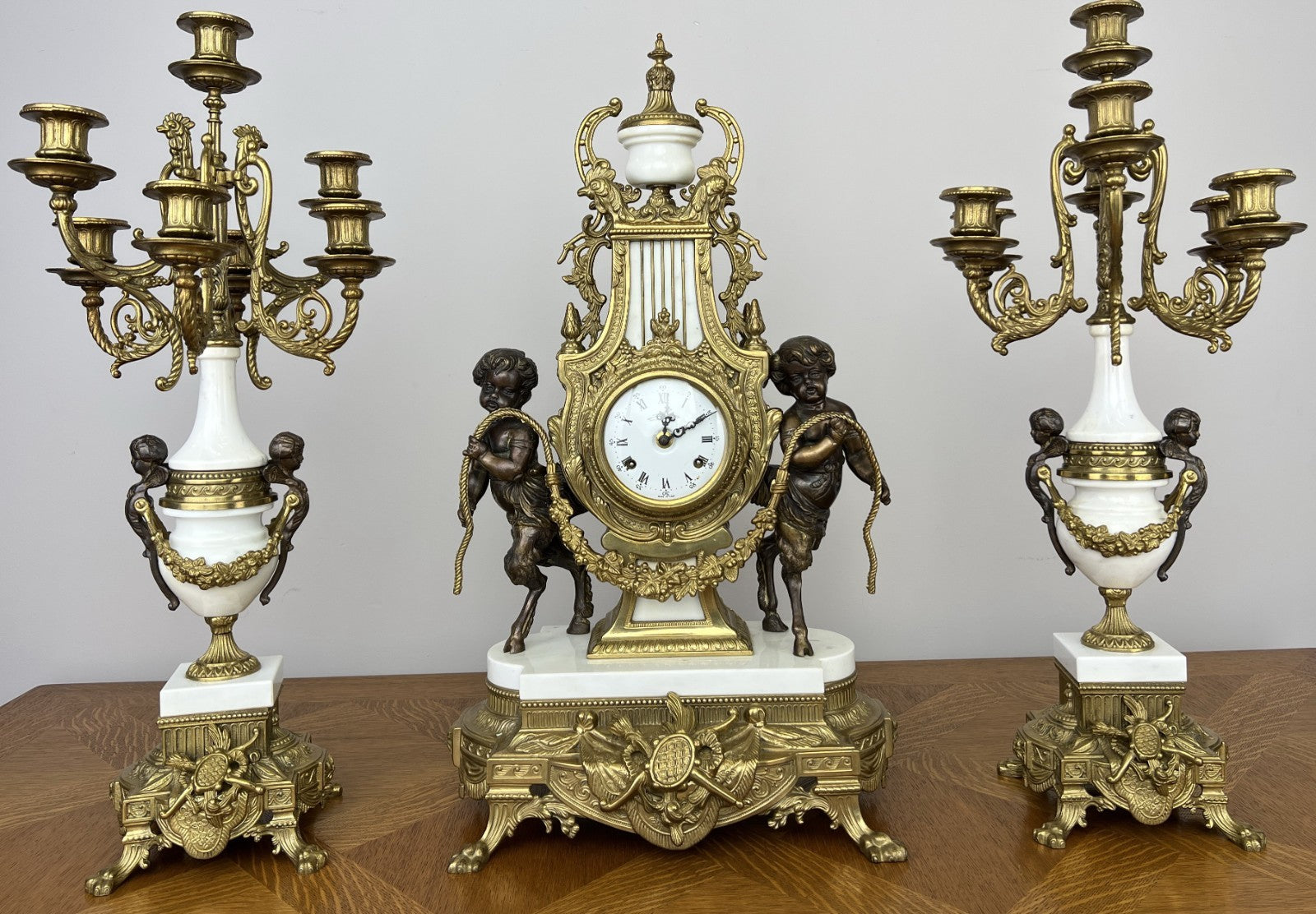Clock Antique Louis XV Brass Marble Garniture Set With Candelabras LOT 60260