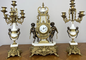 Clock Antique Louis XV Brass Marble Garniture Set With Candelabras LOT 60260