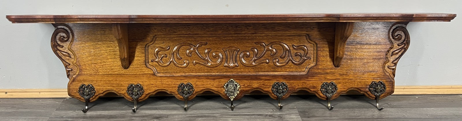 French Vintage Coat Rack Oak 7 Hooks Wall Shelf Carved Coat Hanger LOT 44921