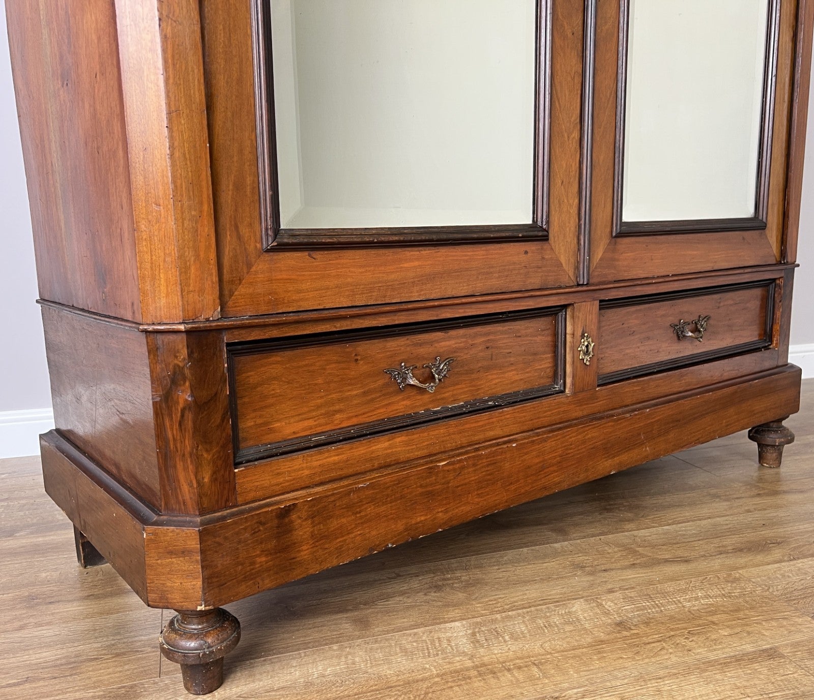 Wardrobe Antique French Style Two Door Walnut Mirrored Carved Armoire LOT 616110