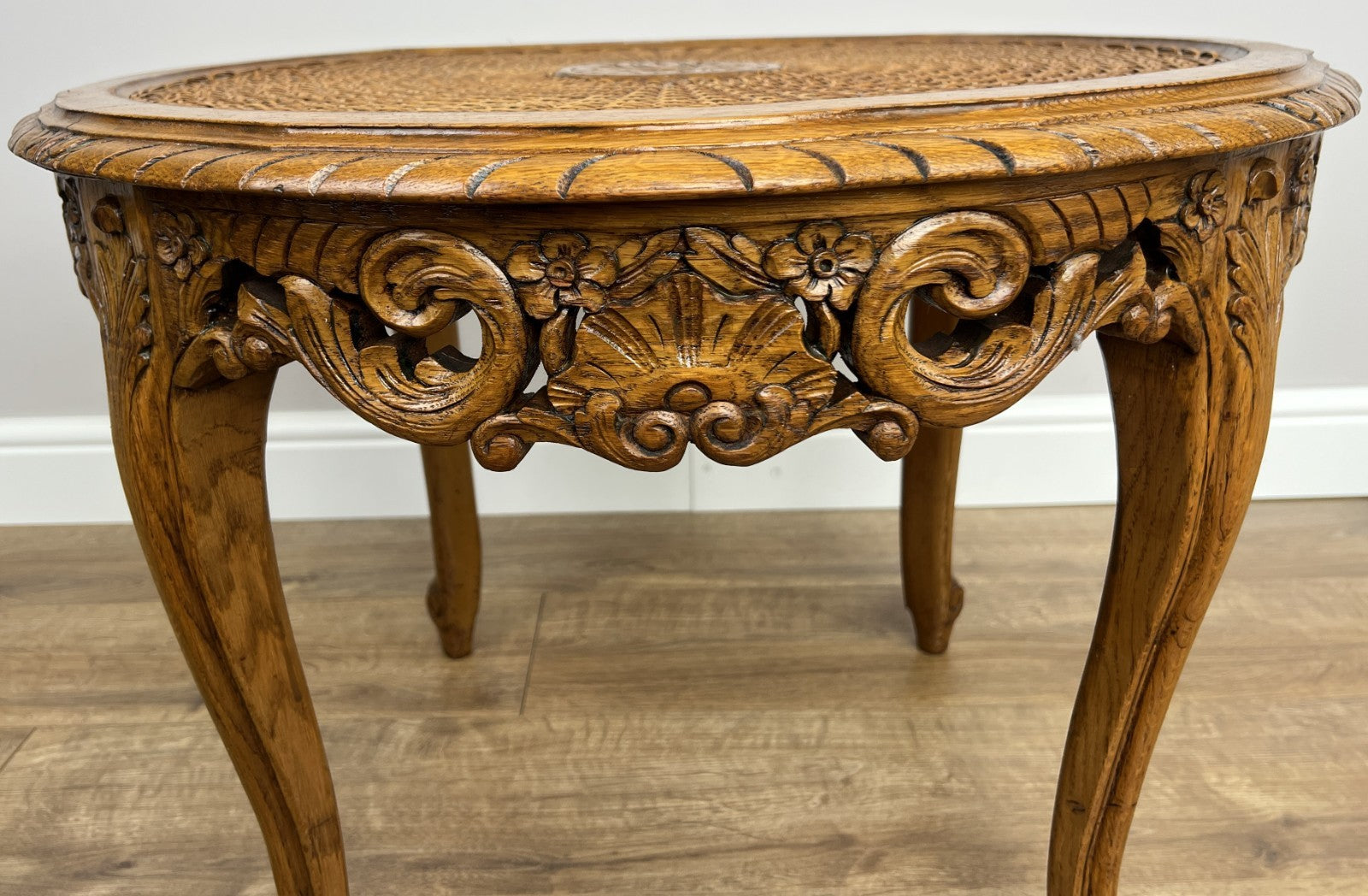 Coffee Table Vintage French Louis Style Oak Carved Cane Top Side Table LOT 48652