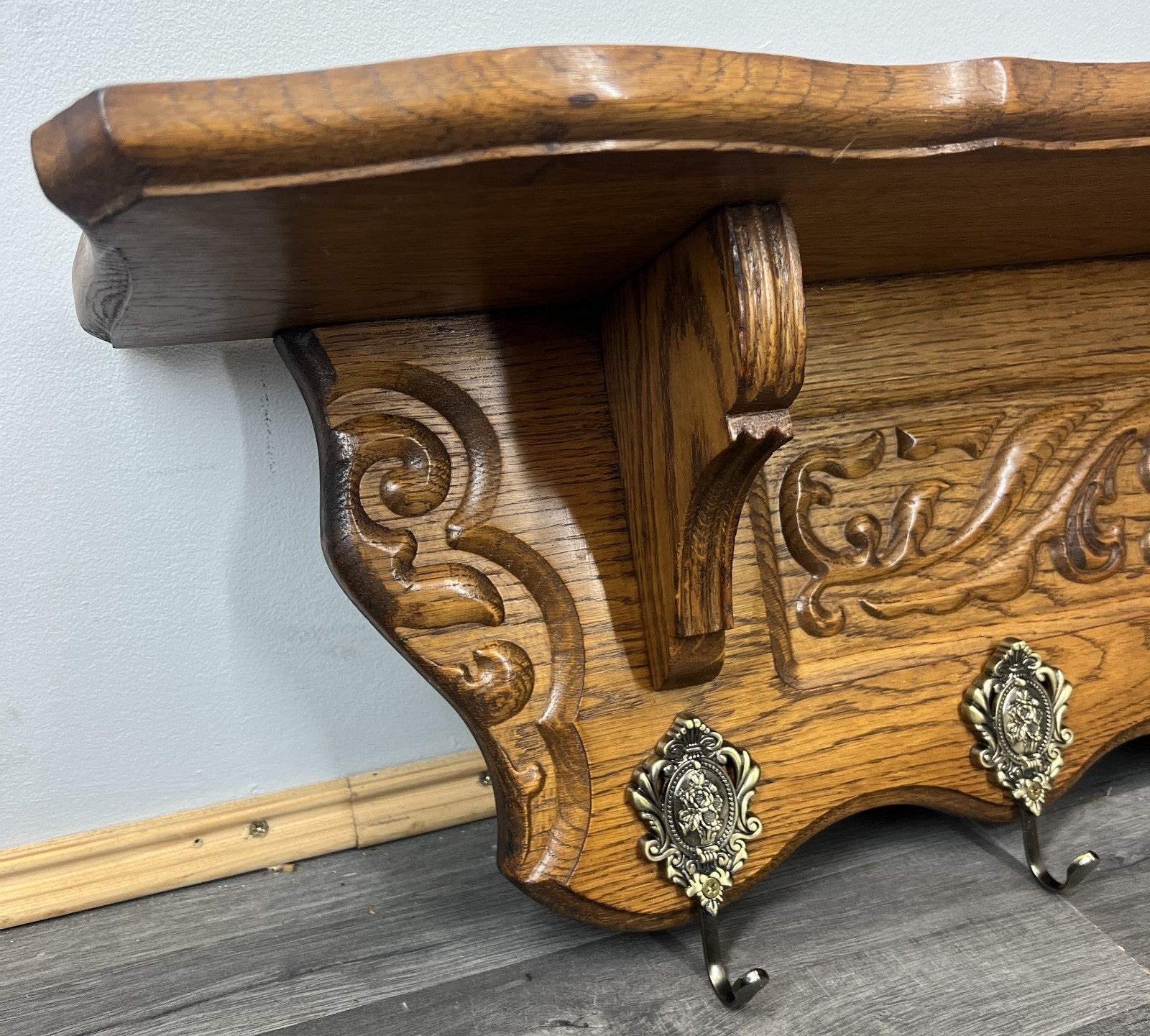 French Vintage Coat Rack Oak 7 Hooks Wall Shelf Carved Coat Hanger LOT 44935