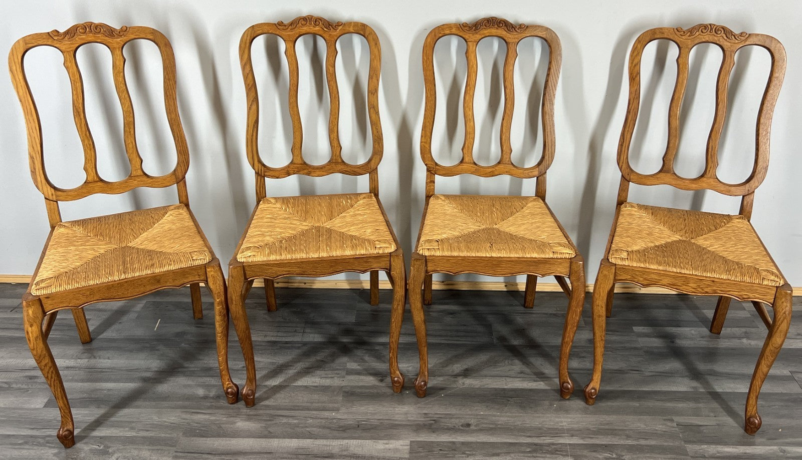 Chairs Vintage French Louis XVI Style Oak Upholstered Set of 4 Carved LOT 44030