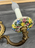 Pair of Wall Lights Vintage Spanish Porcelain Brass Floral Sconces LOT 44146