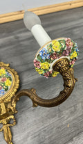 Pair of Wall Lights Vintage Spanish Porcelain Brass Floral Sconces LOT 44156