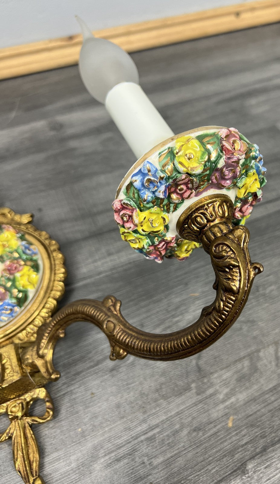 Pair of Wall Lights Vintage Spanish Porcelain Brass Floral Sconces LOT 44156