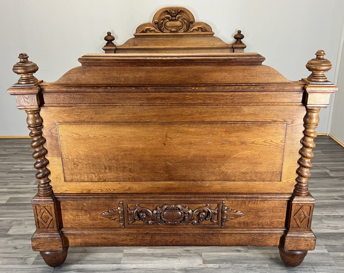 Bed Antique French Style Double Bed Frame Oak Carved Headboard LOT 47520