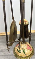 Fireplace Set Vintage French Hand Painted 5-Piece Brass Tool Stand LOT 44168