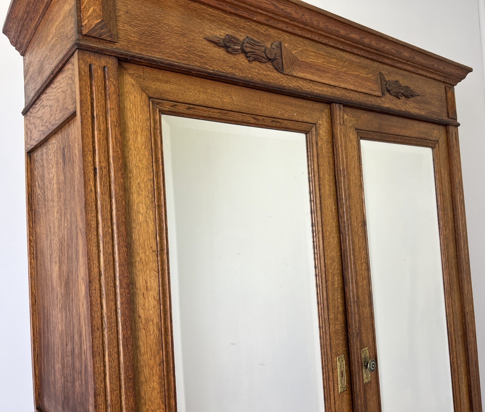 Wardrobe Antique French Style Oak Two Door Carved Mirrored Armoire LOT 61625