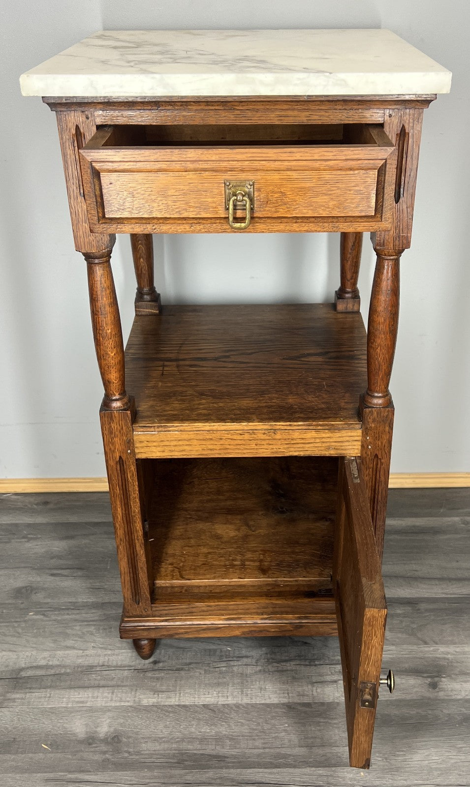 Bedside Table Antique French Oak with Marble Top Carved Cabinet LOT 433612
