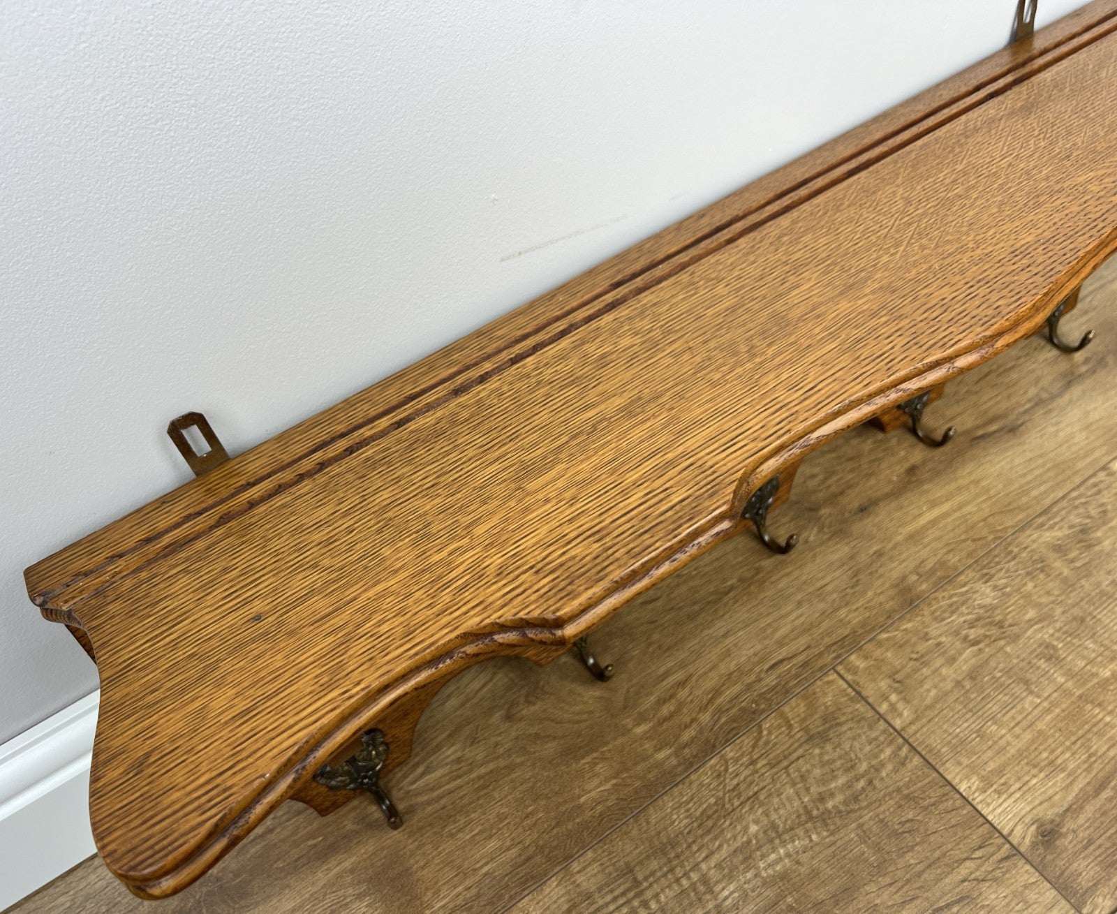 French Vintage Coat Rack Oak 5 Hooks Wall Shelf Carved Coat Hanger LOT 49619