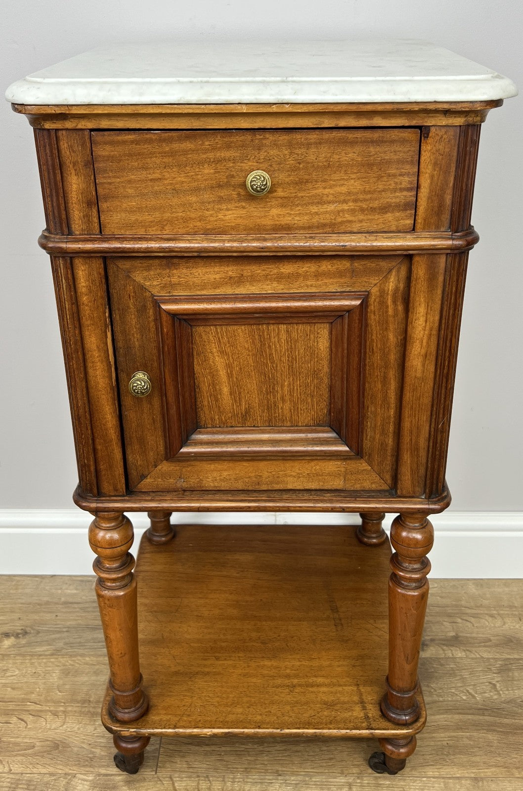 Bedside Table Antique French Style Marble Top Walnut Cabinet Nightstand LOT 62420