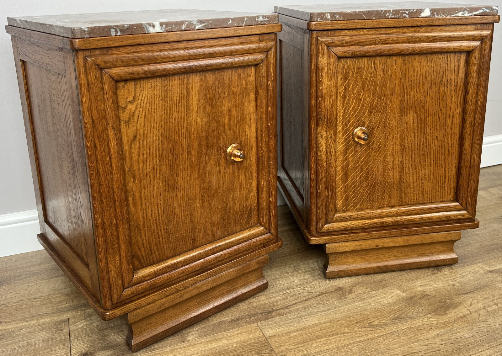 Pair of Bedside Tables Antique French Style Oak Marble Top Cabinets LOT 62182