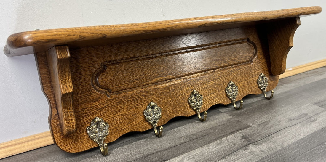 French Vintage Style Coat Rack Oak 5 Hooks Ornate Wall Shelf Coat LOT 47240