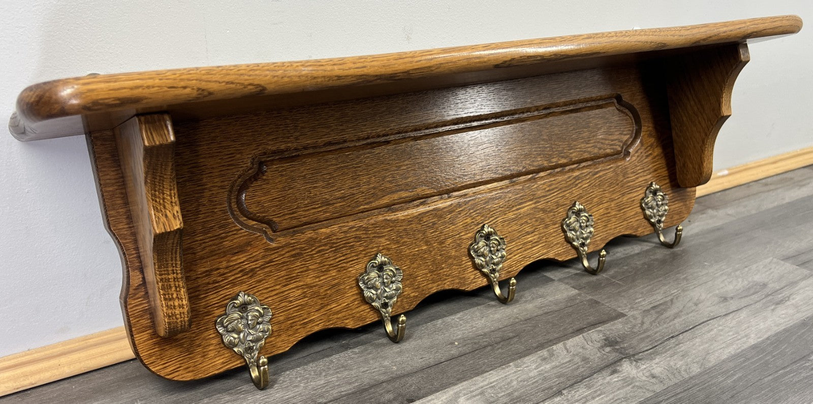 French Vintage Style Coat Rack Oak 5 Hooks Ornate Wall Shelf Coat LOT 47240
