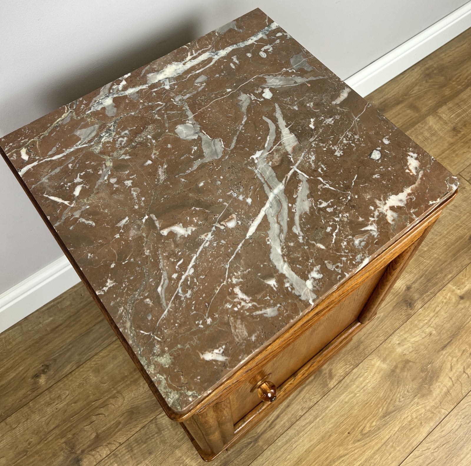 Pair of Bedside Tables Antique French Style Oak Marble Top Cabinets LOT 62189