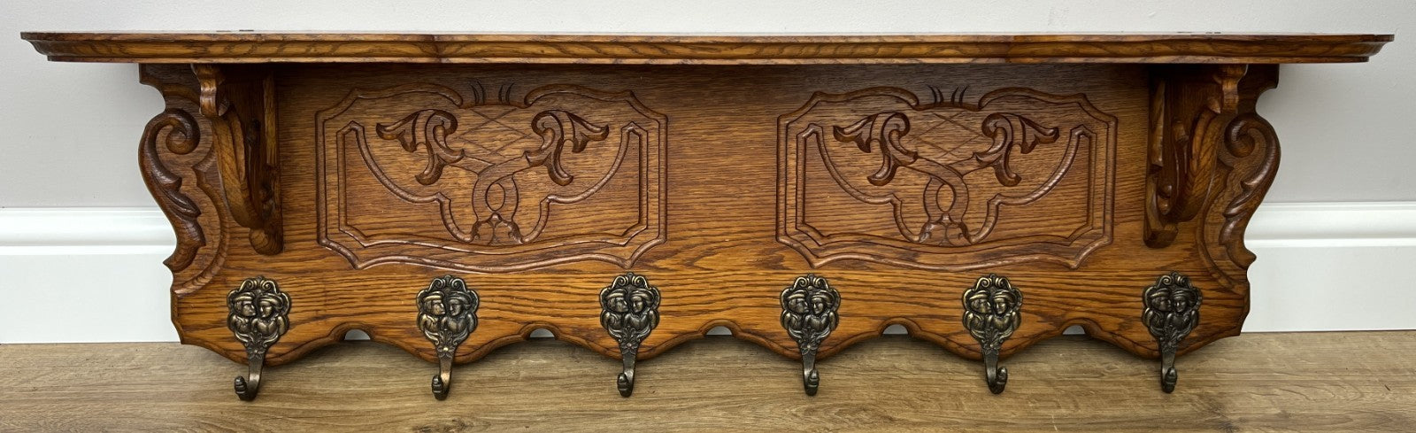 Coat Rack Vintage French Carved Oak Wall Mounted 6 Hooks Rack Hanger LOT 62271