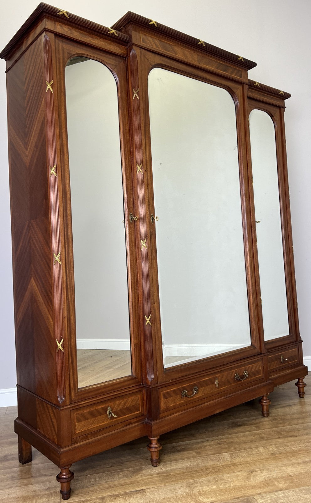Wardrobe Antique French Style Three Door Inlaid Burr Mirrored Armoire LOT 61630