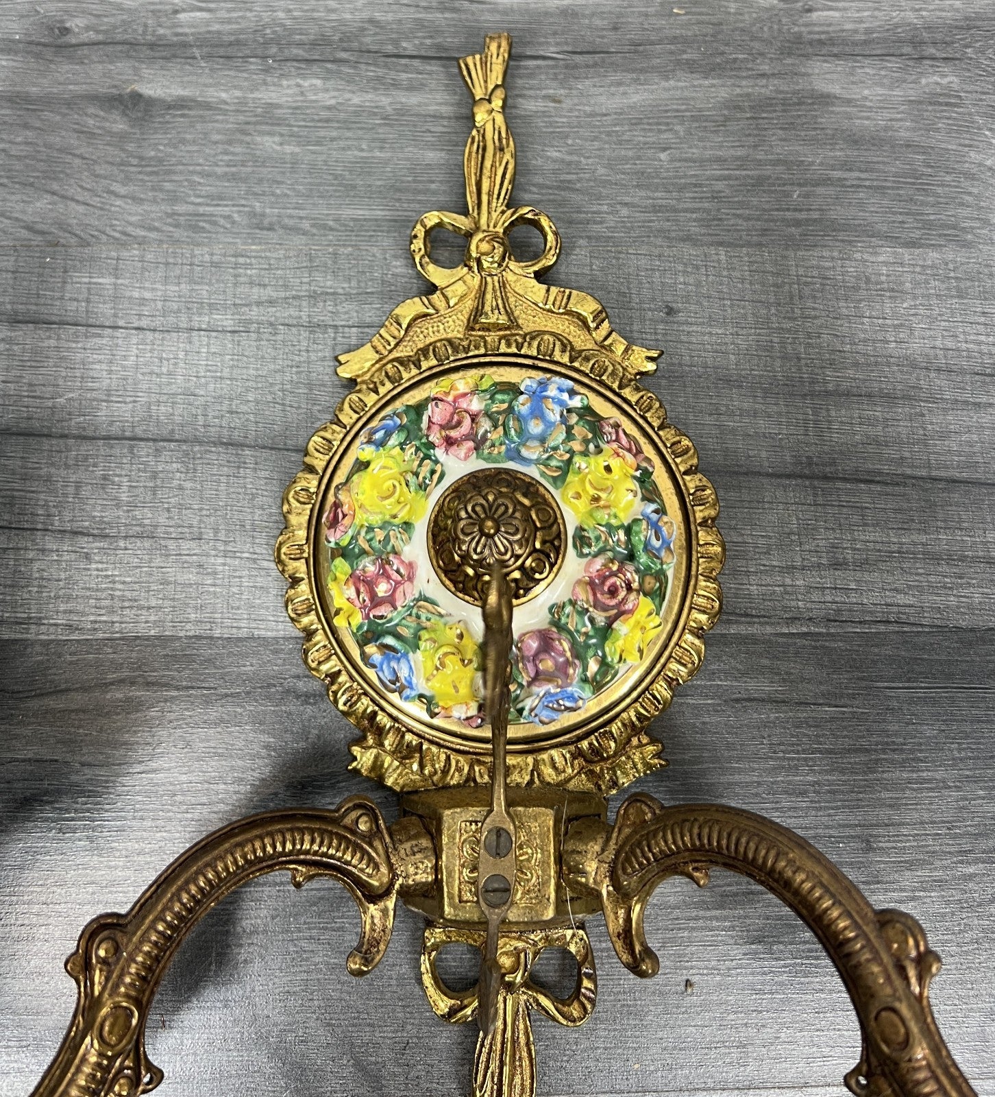 Pair of Wall Lights Vintage Spanish Porcelain Brass Floral Sconces LOT 44154