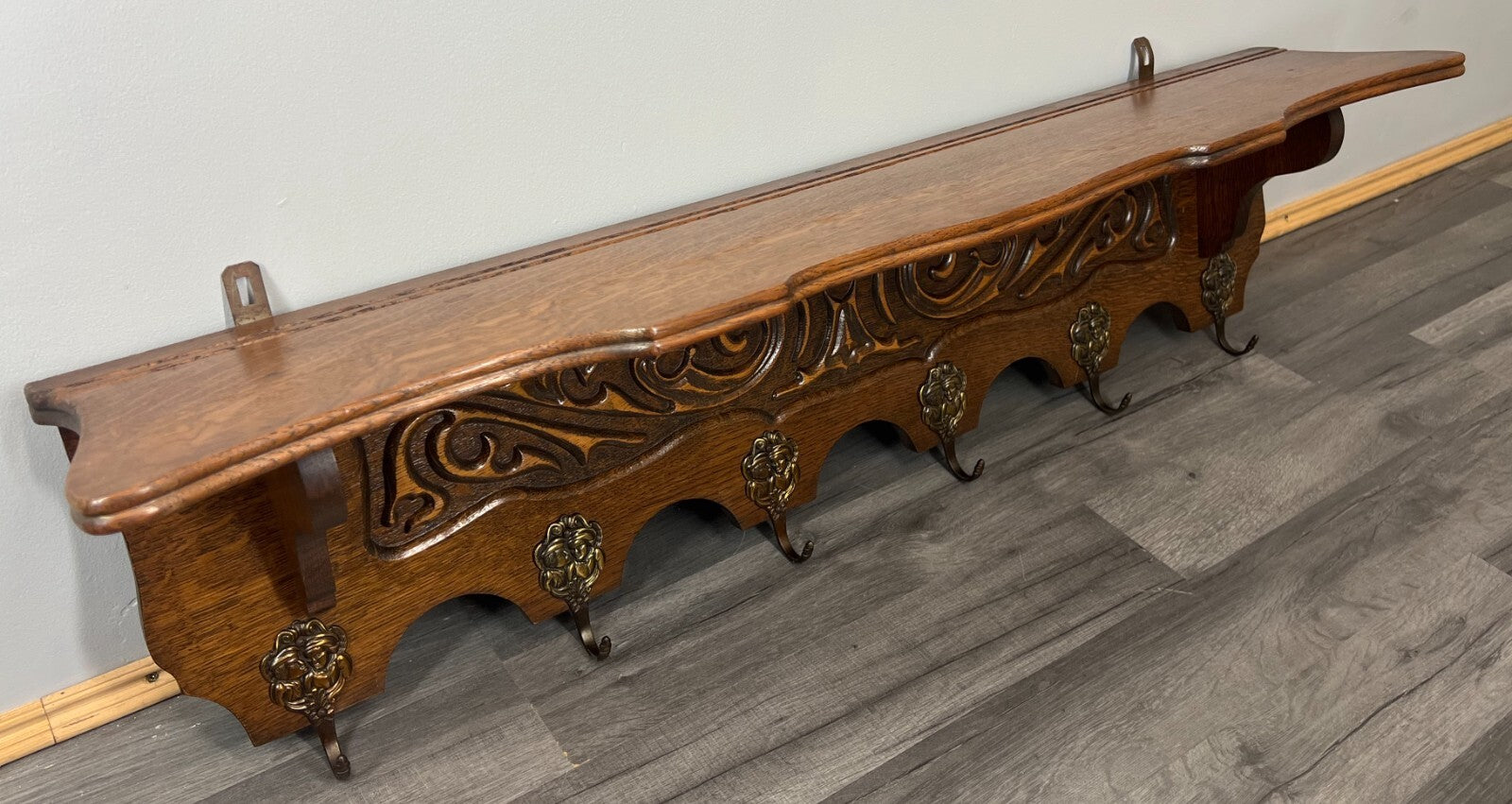 Coat Rack Antique French Style Oak Wall Shelf 6 Hooks Carved Hall Stand LOT 35114