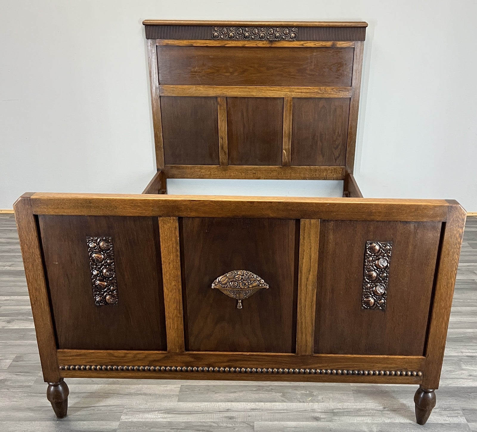 Bed Vintage French Style Oak Double Bed Frame Carved Headboard LOT 47290