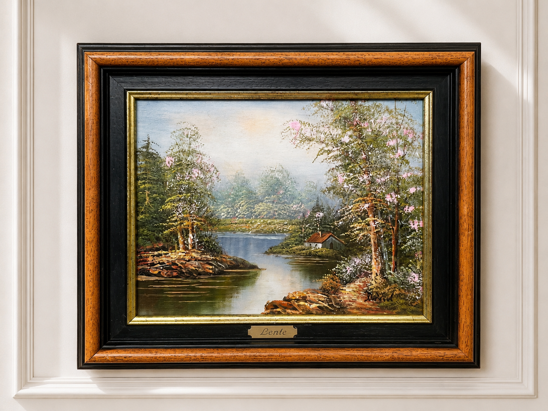 Painting Vintage French Style Signed Landscape Lake Cottage Framed LOT 6469