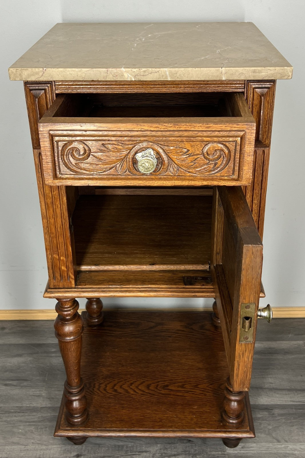Bedside Table Antique French Oak with Marble Top Carved Cabinet LOT 43339