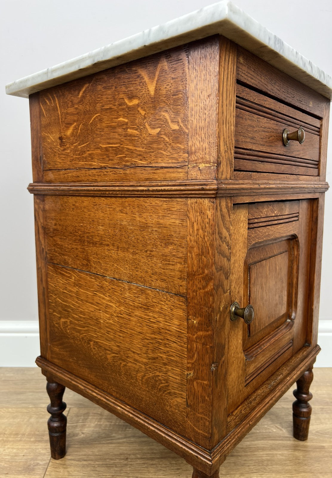 Bedside Table Antique French Style Marble Top Oak Cabinet Nightstand LOT 62354
