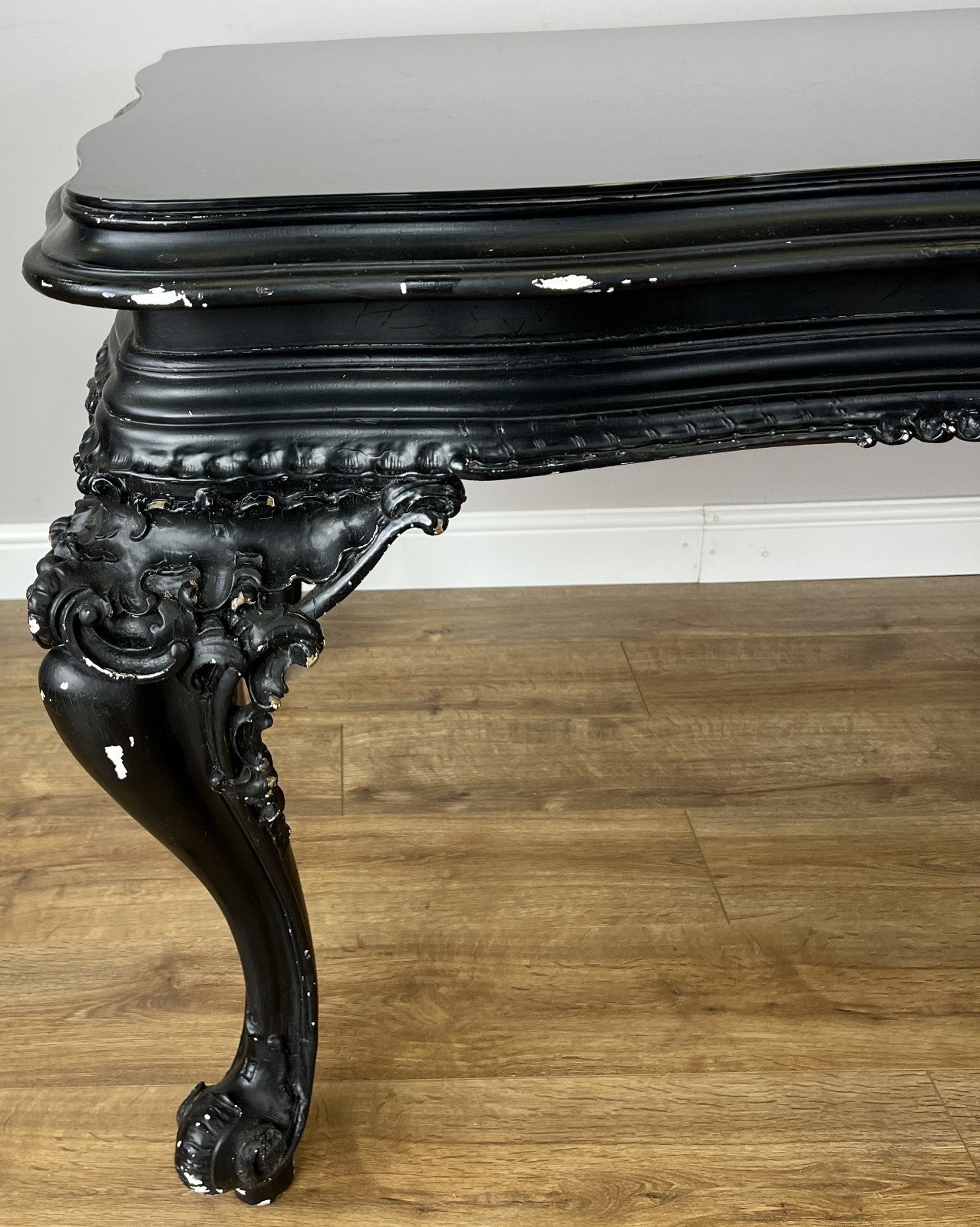 Double Sided Desk Antique French Style Black Painted Heavy Carved Table LOT 61865