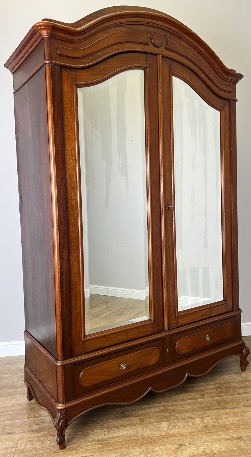 Wardrobe Antique French Style Walnut Mirrored Two Door Carved Armoire LOT 6538