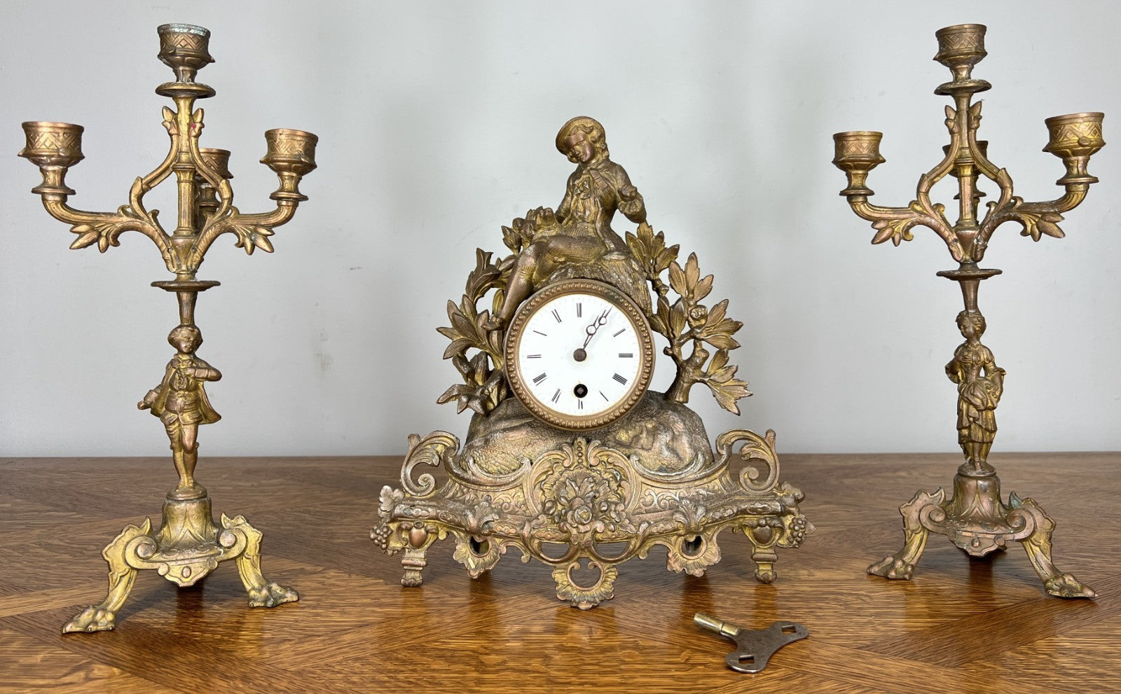 Clock Vintage French Style Mantel Clock with Matching Candelabras Set LOT 46800