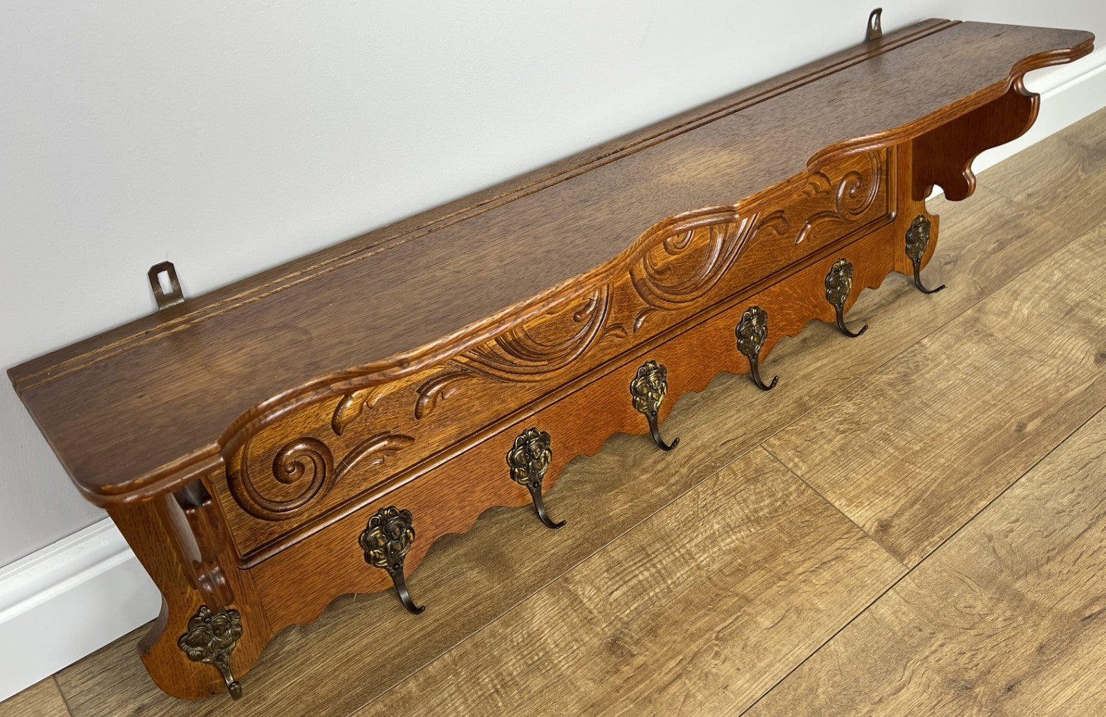 French Vintage Coat Rack Oak 7 Hooks Wall Shelf Carved Coat Hanger LOT 49037