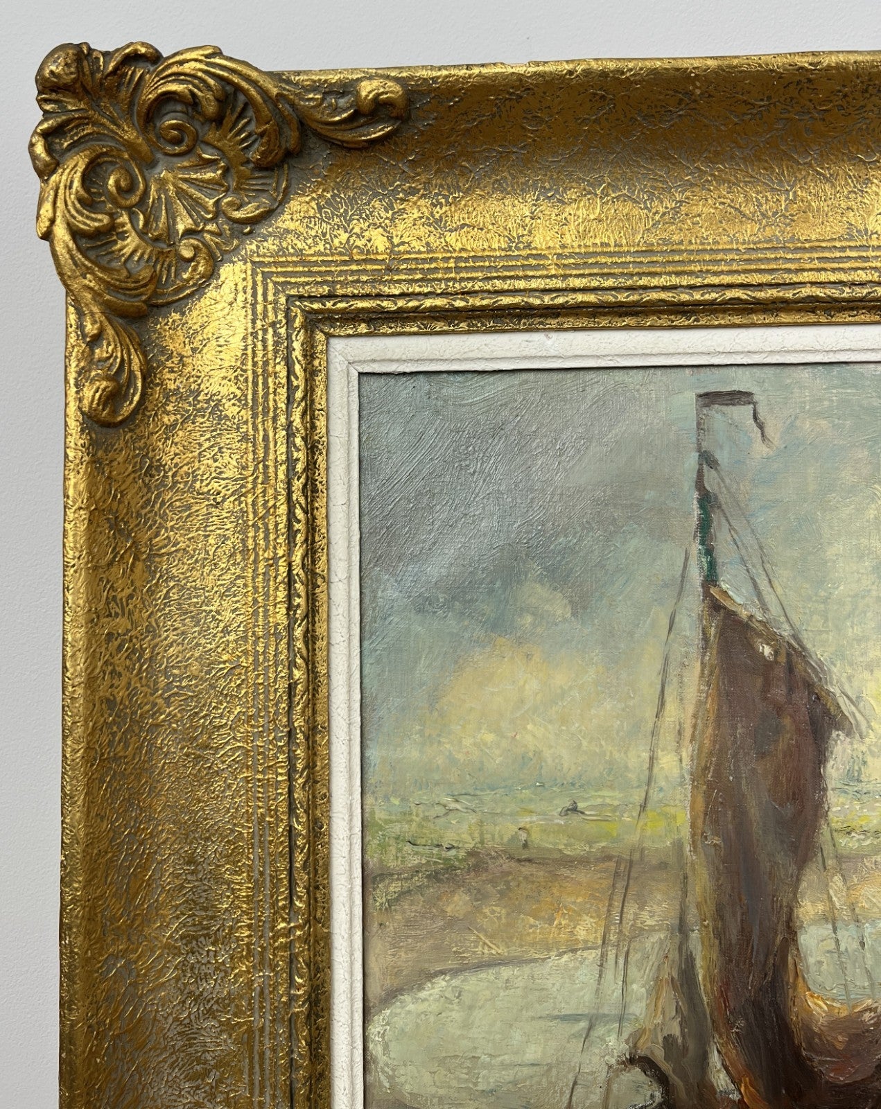 Oil Painting Vintage French Style Signed Coastal Boats Artwork Framed LOT 49425