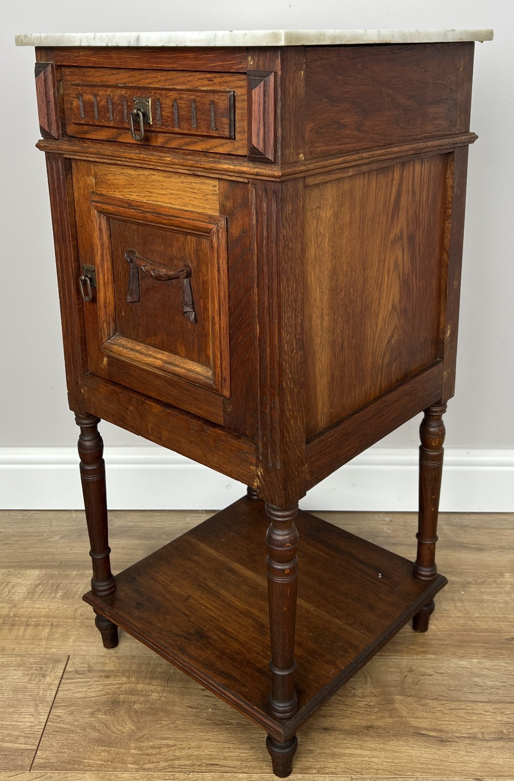 Bedside Table Antique French Oak Marble Top Cupboard Carved Cabinet LOT 60138
