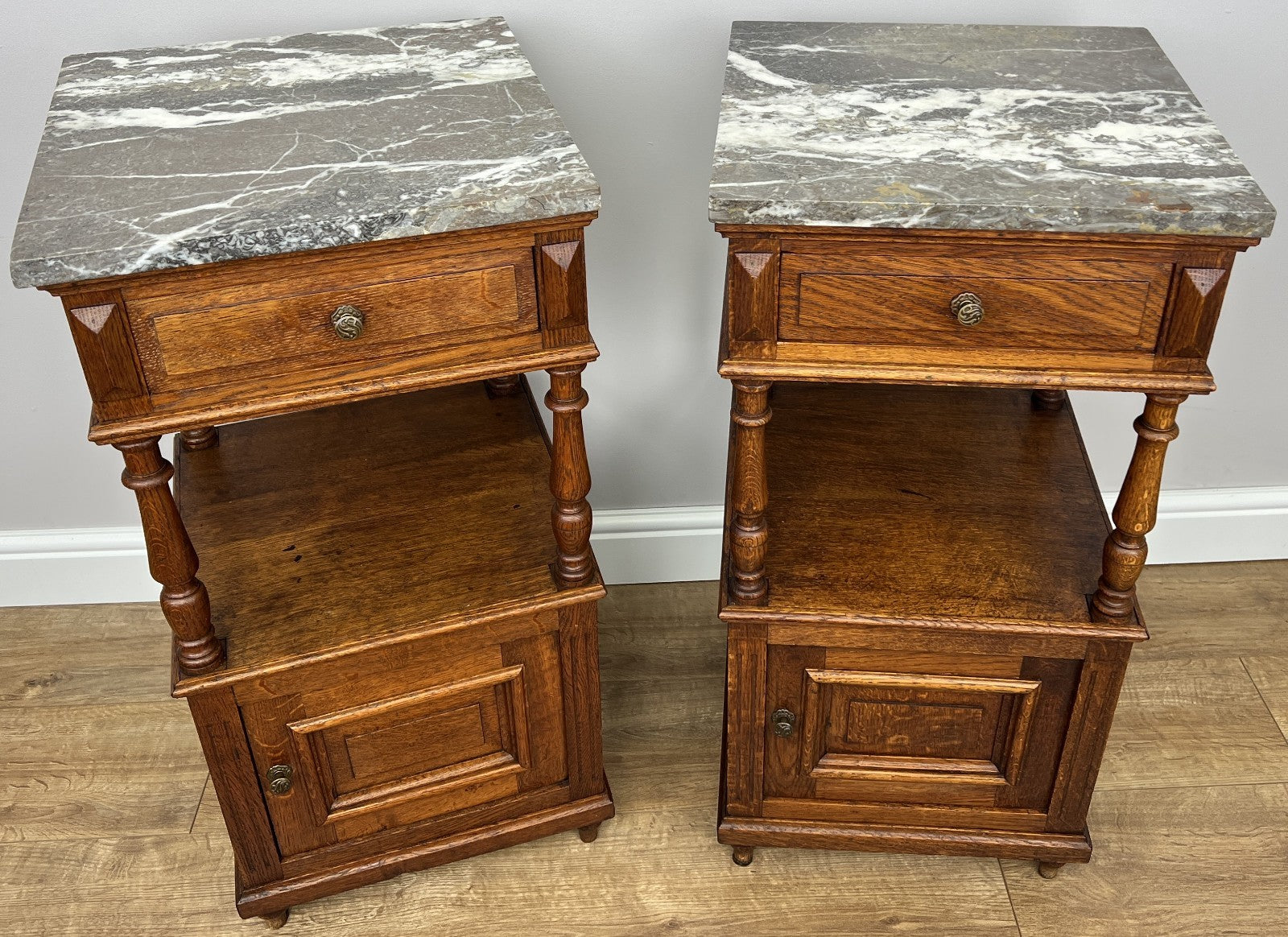 Pair of Bedside Tables Antique French Marble Top Carved Oak Cabinets LOT 49170