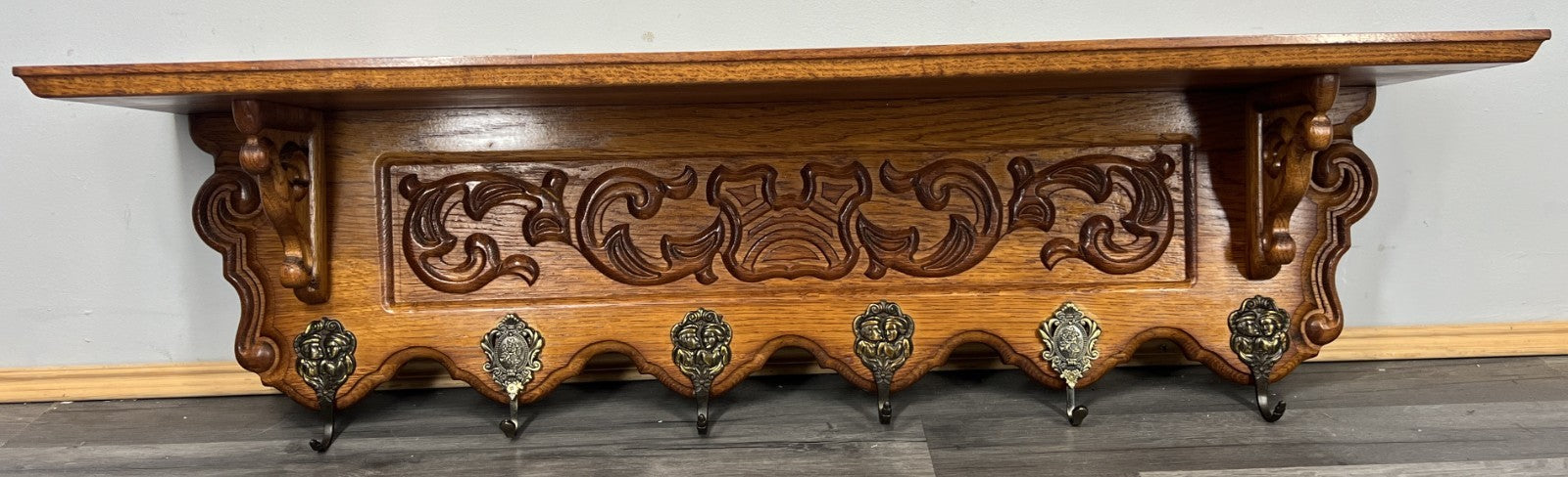 French Vintage Coat Rack Oak 6 Hooks Wall Shelf Carved Coat Hanger LOT 44951